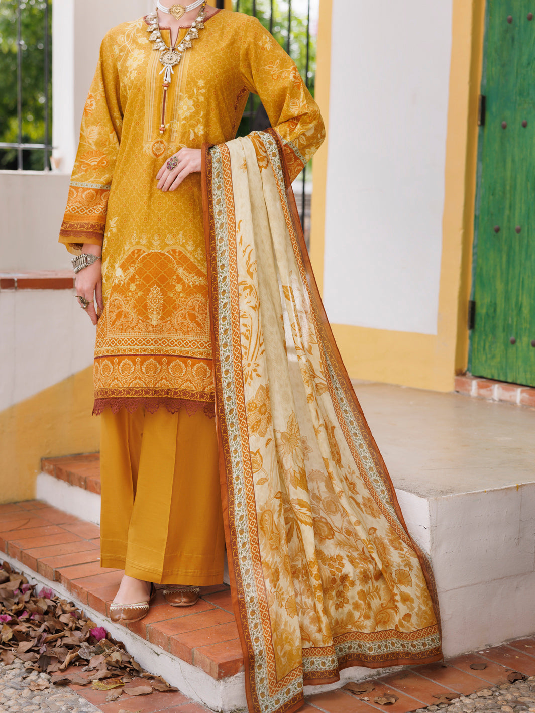 ALMIRAH LAWN 03 PC UNSTITCH SUIT / MUSTARD -2001