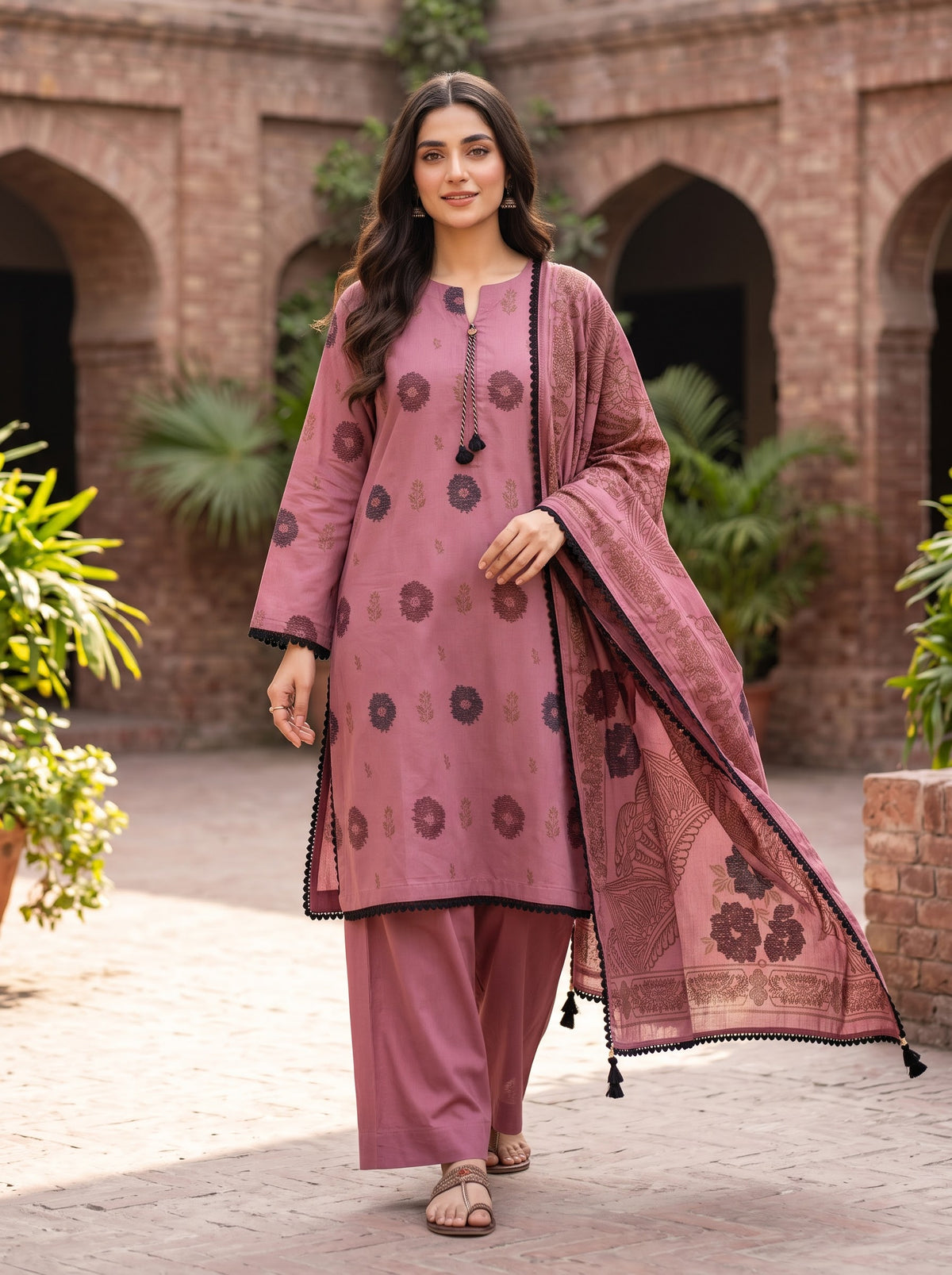 KHAADI 03 PC STITCH FANCY HAND EMBELISHED 3D JAQUARD PINK LAWN