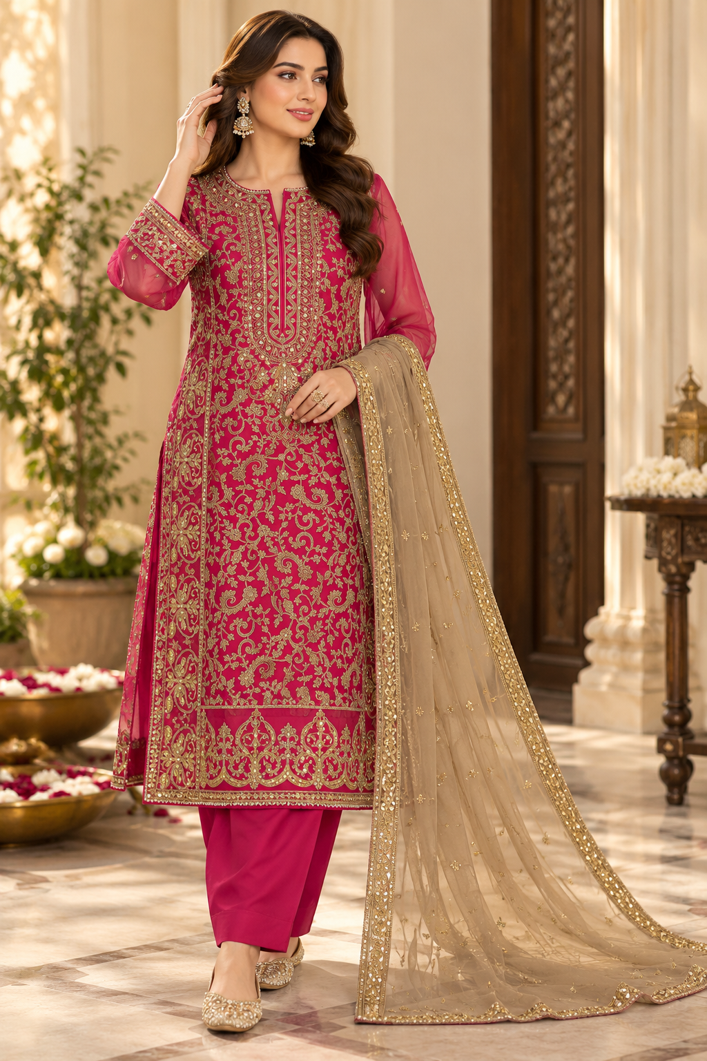 ASIM JOFA 03PC stich ( Net ) FORMAL LUXURY heavy EMB/Hot PINK 834