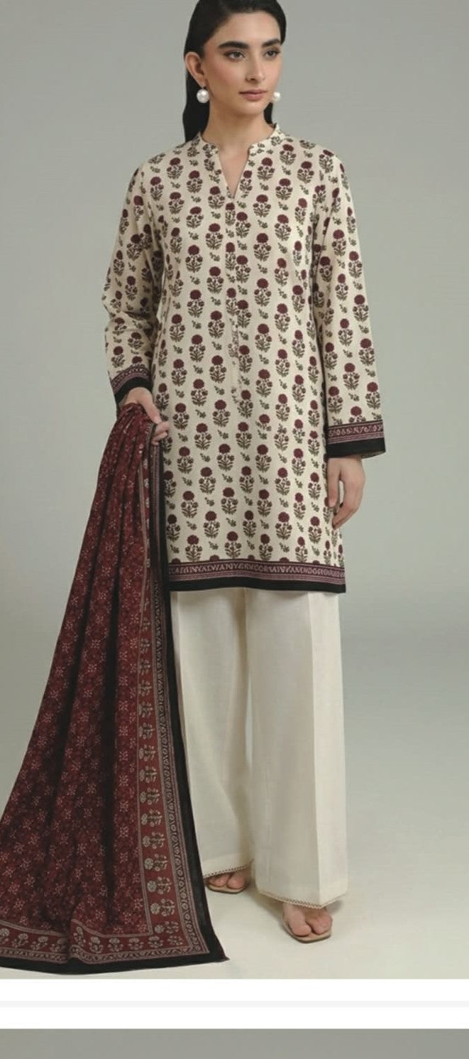 KHAADI 03 PC UNNSTITCH SUIT / CREAM