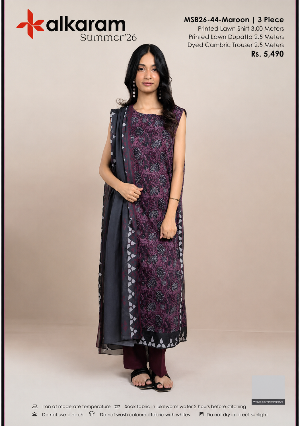 AL KARAM 03 PC UNSTITCH SUIT / MAROON -44