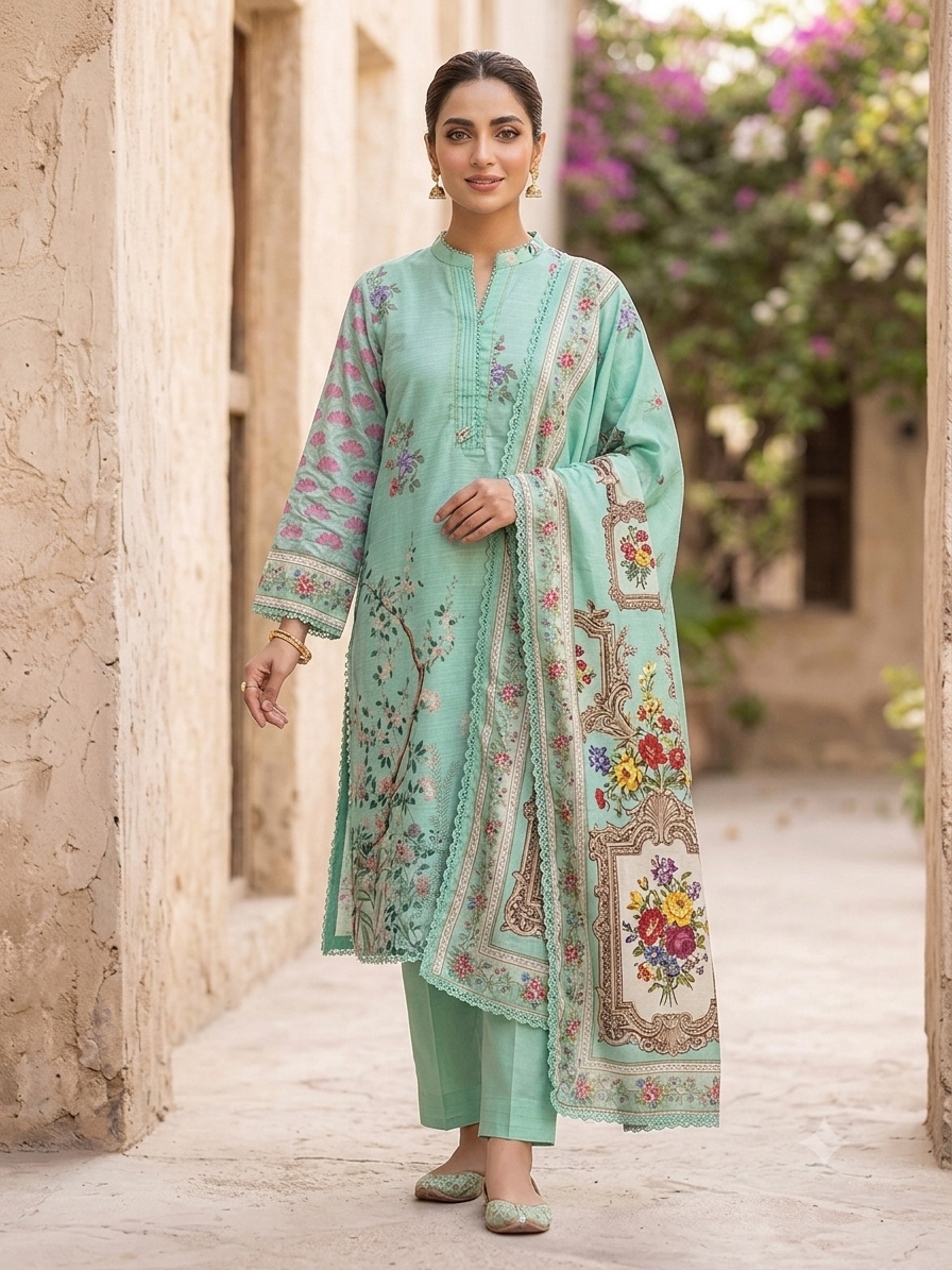 J. 03 PC STITCH SUIT LIGHT GREEN 011 EMBROIDERY