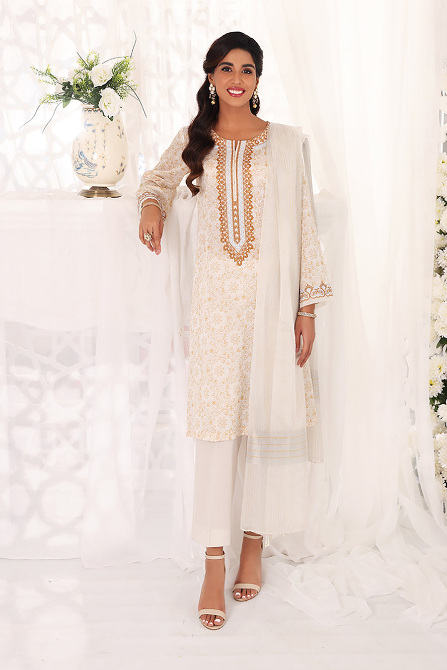 NISHAT 03 PC UNSTITCH SUIT / OFF WHITE