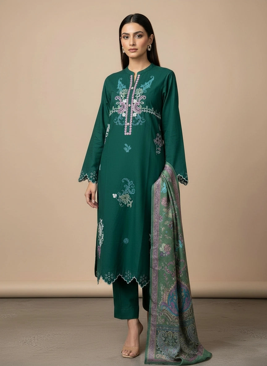 KHAADI 03 PC STITCH SUIT / DARK GREEN