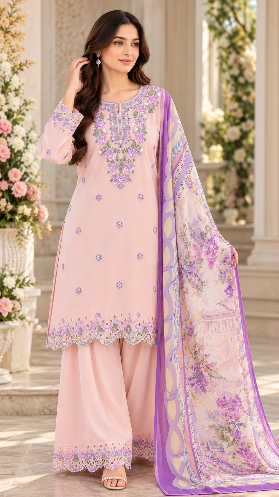 Dhanak 3PC Stitched luxury formal Suit Heavy Embroided farshi shalwar with Silk Floral shawl