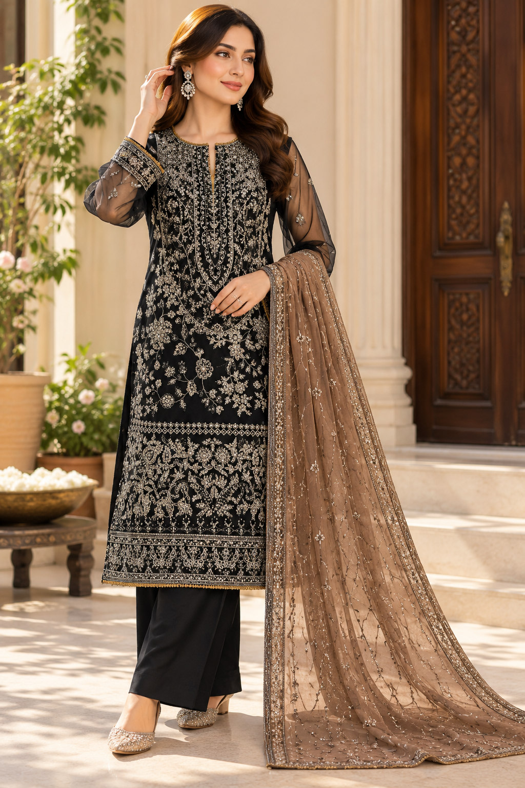 ASIM JOFA 03PC stitch luxury FORMAL(Net) heavy EMB/ BLACK