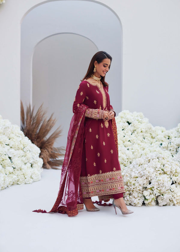 MINA HASAN 03 PC UNSTITCH SUIT / MAROON SILK