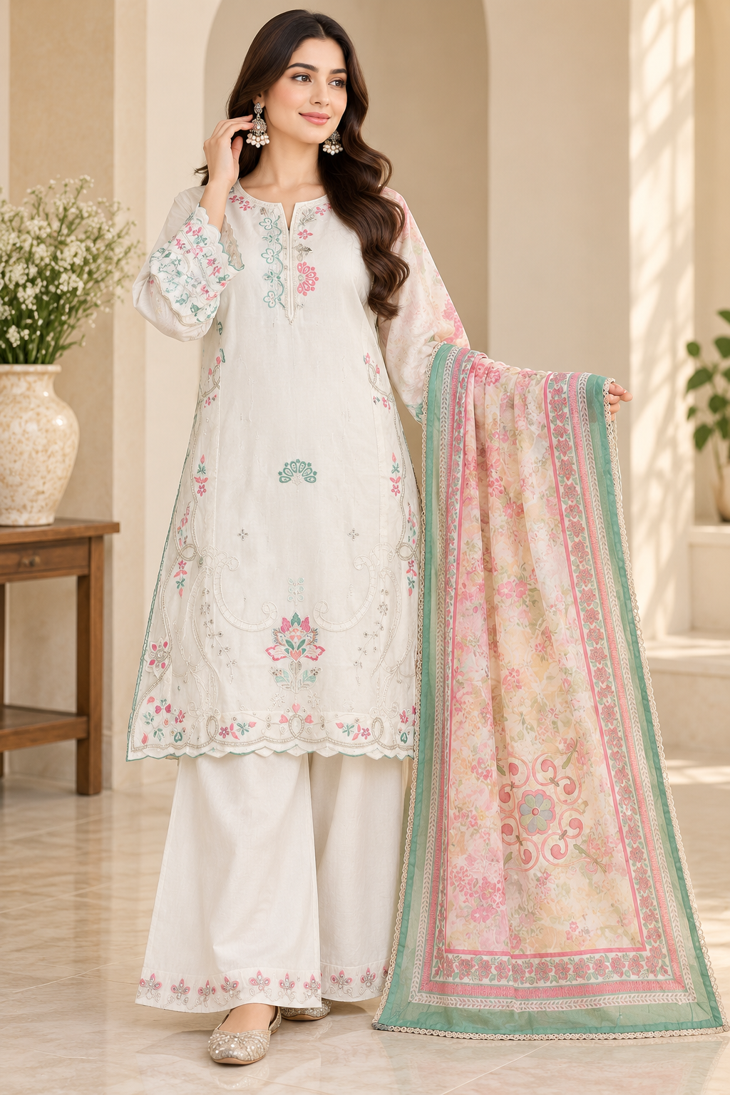 Dhanak 2PC shirt trouser Stitched Bridal formal multi (Silk)Heavy Embroided with Emb bottom