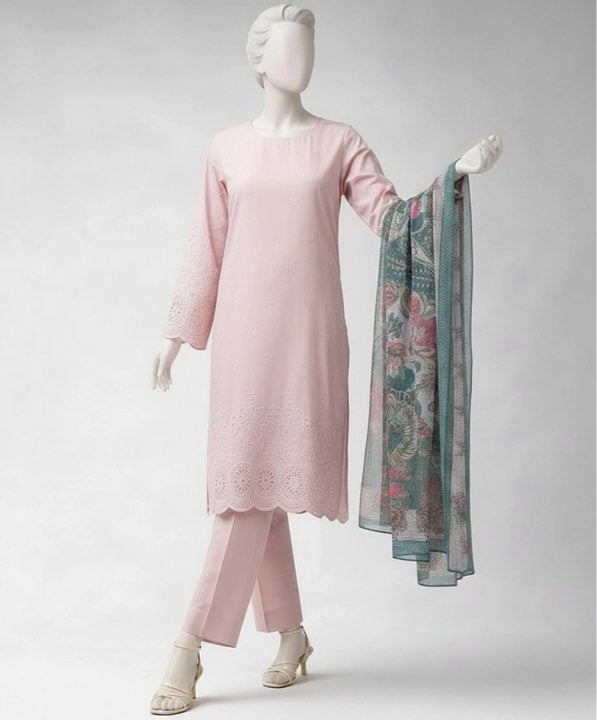 J. LAWN CHIKINKARI 03 PC UNSTITCH SUIT / PINK