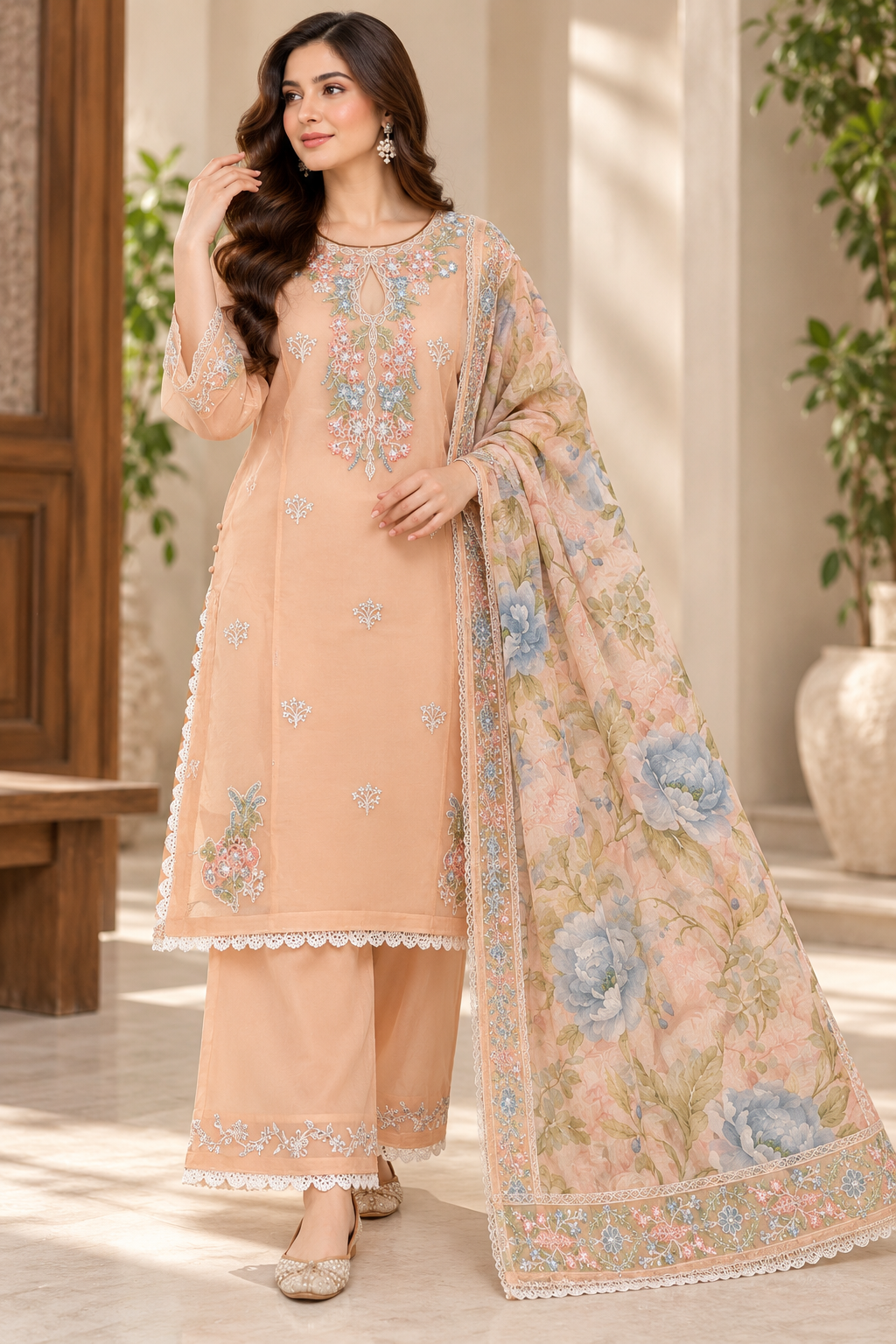 Dhanak 3PC stitched silk bridal suit 3207 with heavy embroidery and chikankari shawl