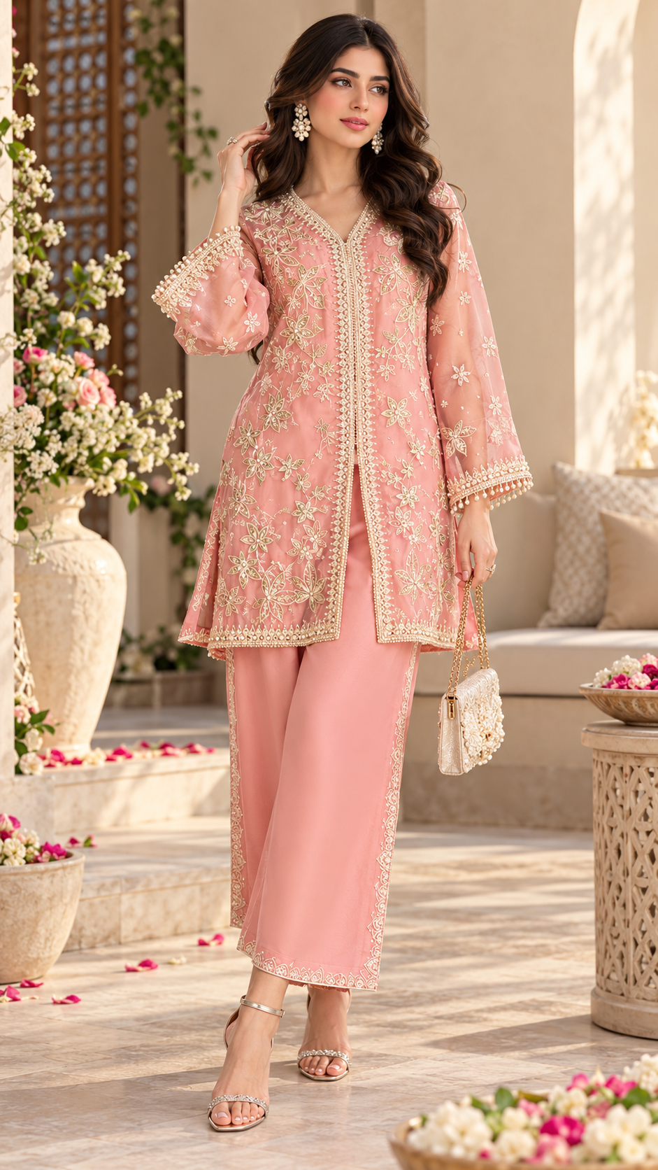 Dhanak 2PC Stitched Silk Bridal Suit heavy( dabka) hand work with Embroidery and EMB bottom