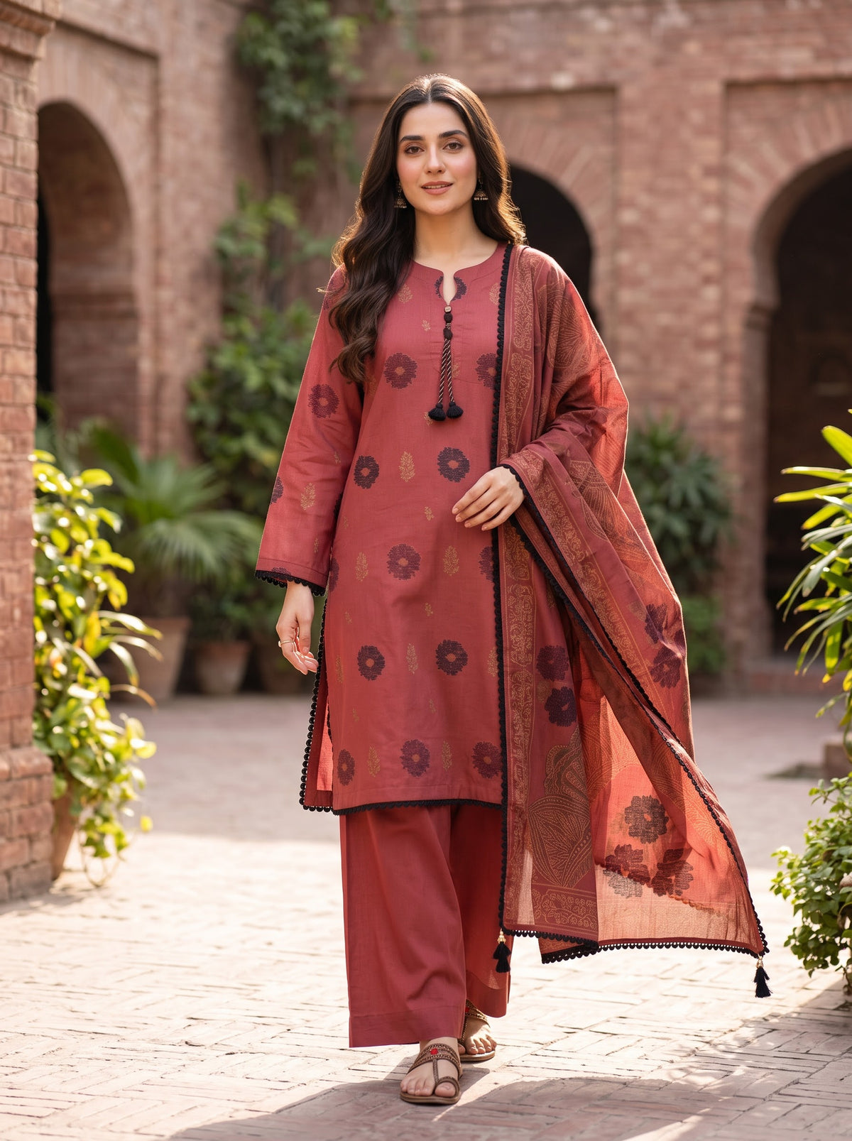 KHAADI 03 PC STITCH FANCY HAND EMBELISHED 3D JAQUARD RUST LAWN