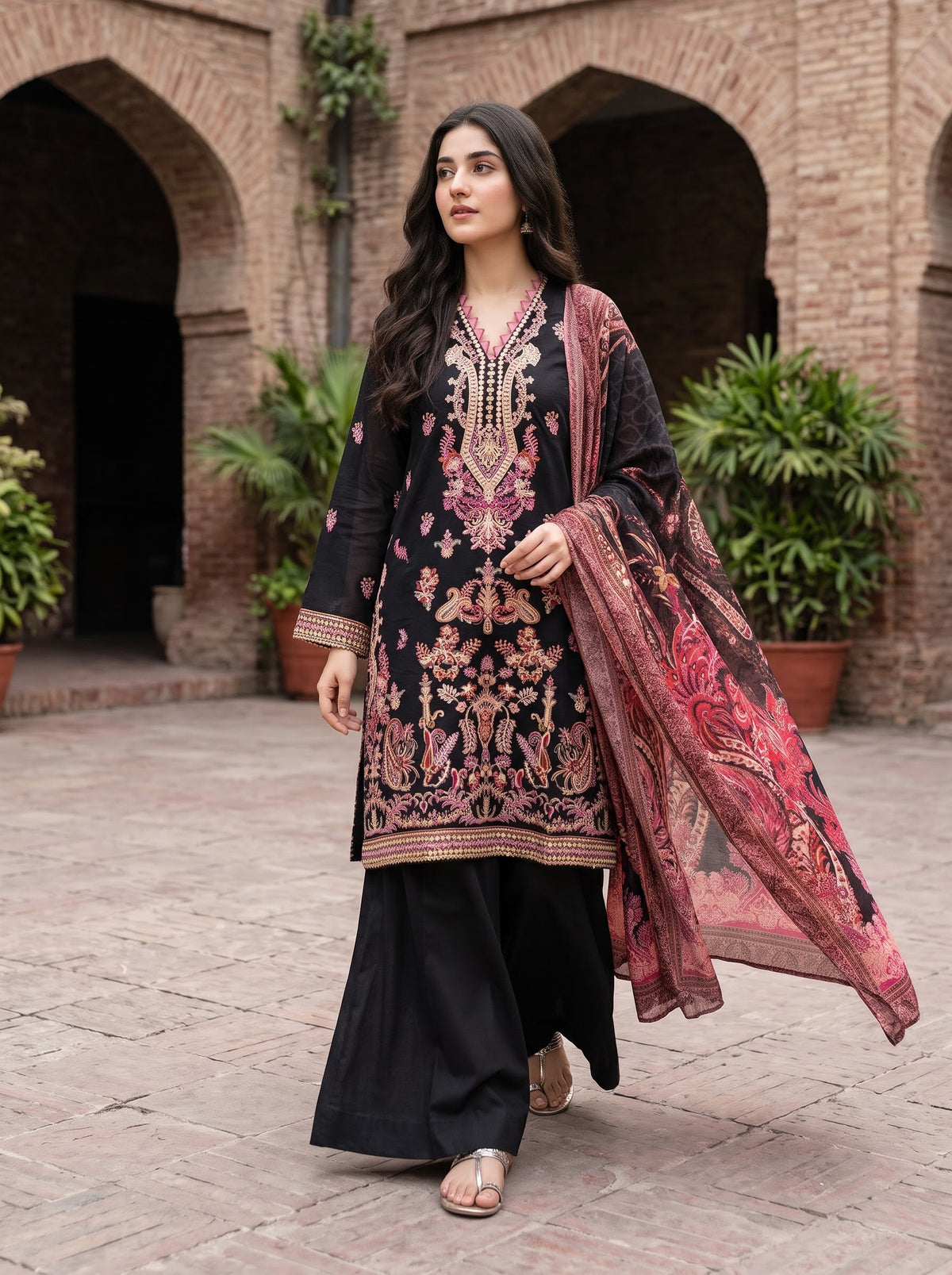 BONANZA SATRANGI 3PC( silk) luxury STITCH chicken Kari HEAVY FORMAL EMB