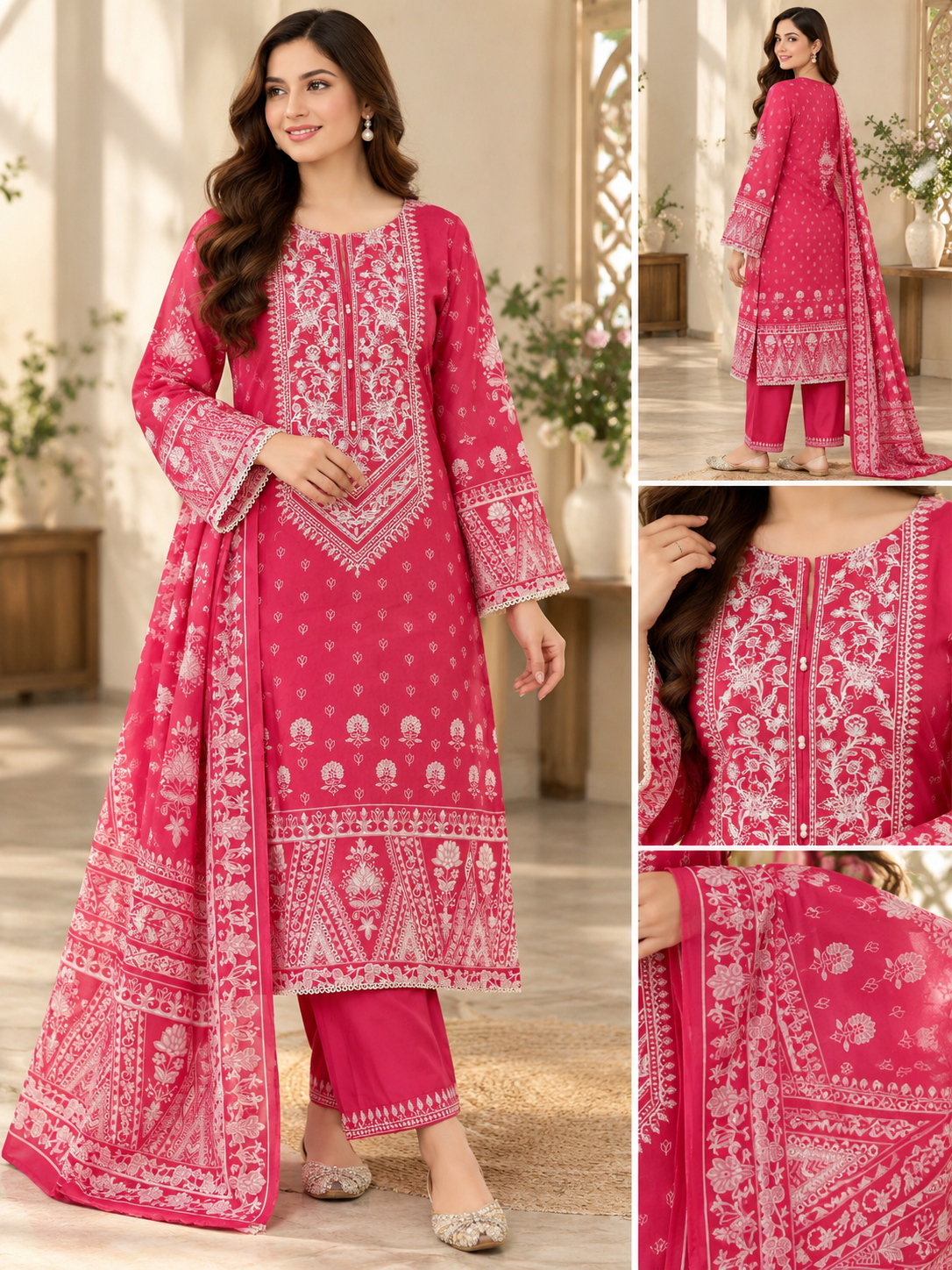 Zellbury 3pc stitch emb shirt and trouser with printed duppata