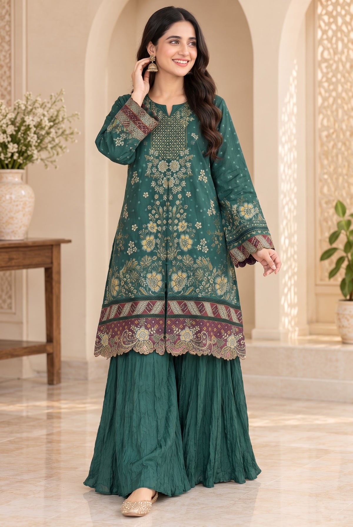 Dhanak 2PC Stitched luxury formal Bridal ( silk )Suit Heavy embroidered with crush silk sharara