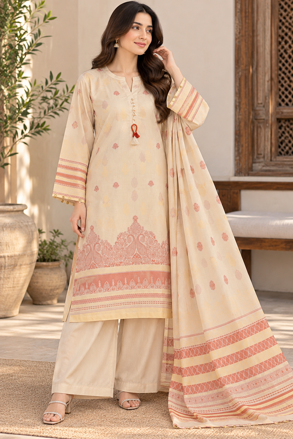 BONANZA SATRANGI 3PC Bunai signature lawn gold jacquard luxury STITCH