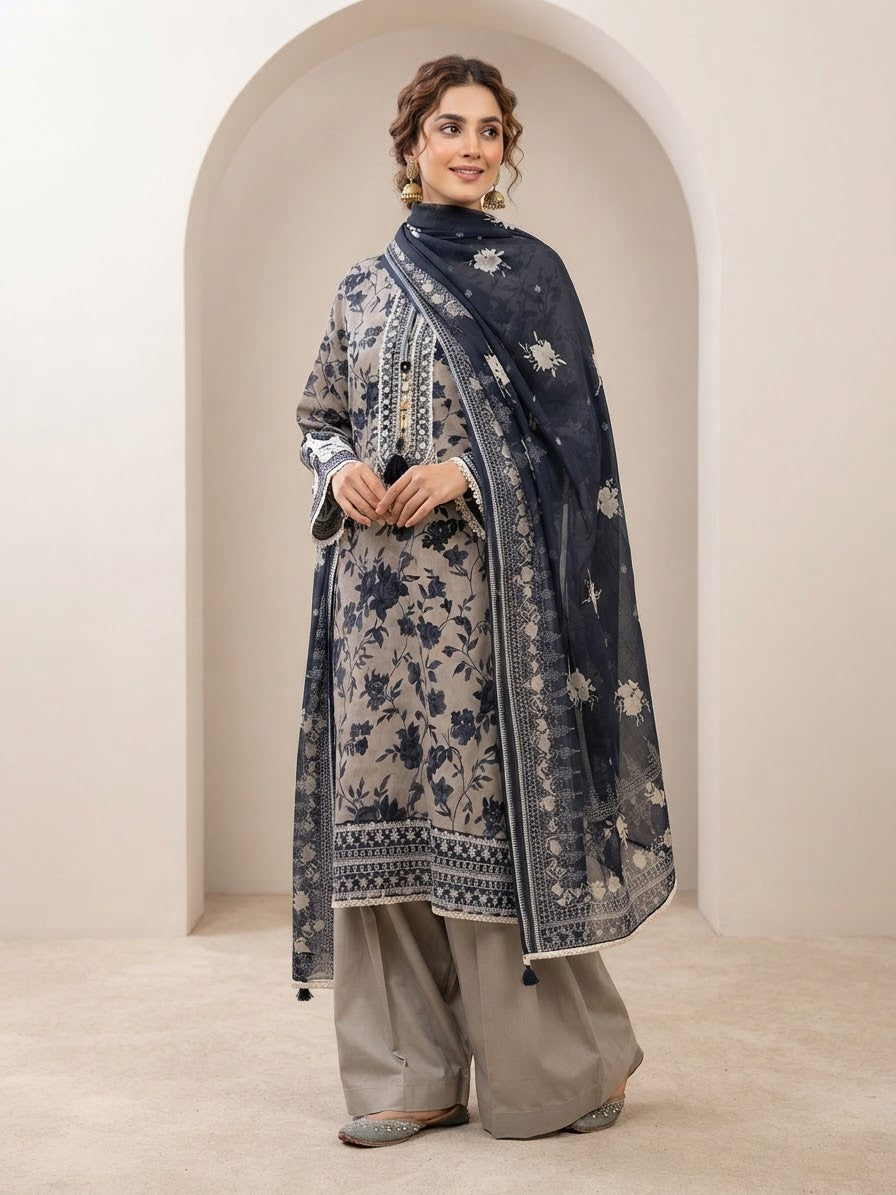 KHAADI 3PC STITCH HAND EMBELISHED EMB LAWN FARSHI SHALWAR