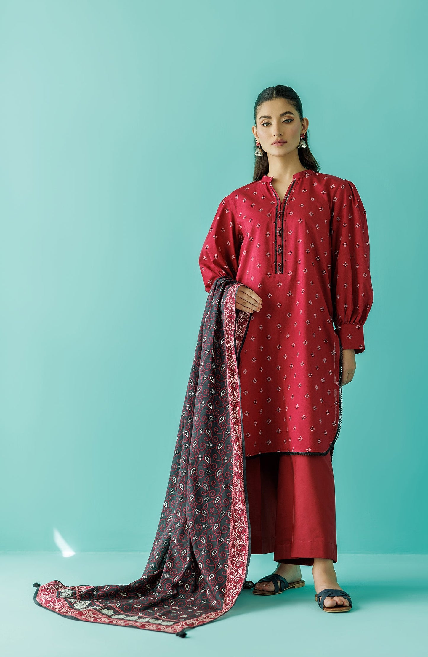 ORIENT LAWN 03 PC UNSTITCH SUIT / RED
