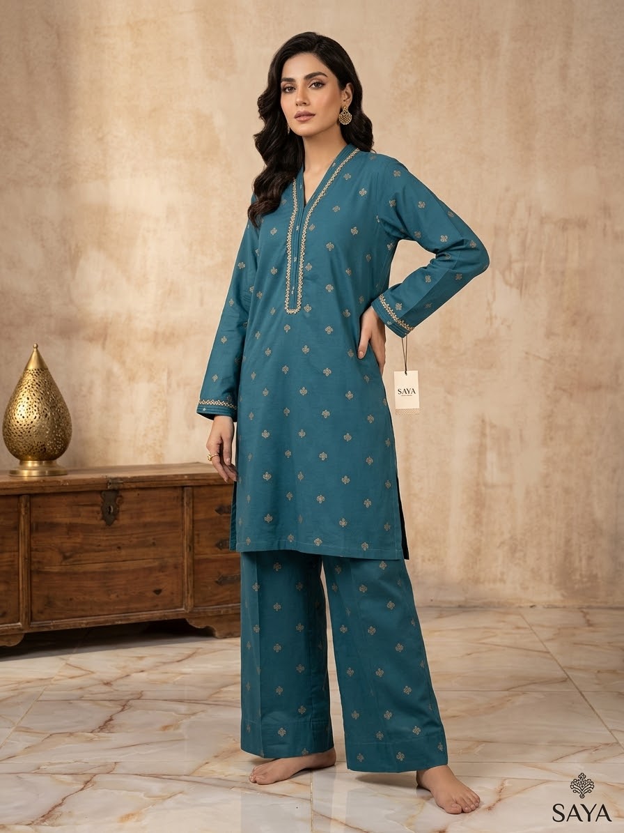 SAYA 2PC STITCH EMB SHIRT TROUSER JACQUARD