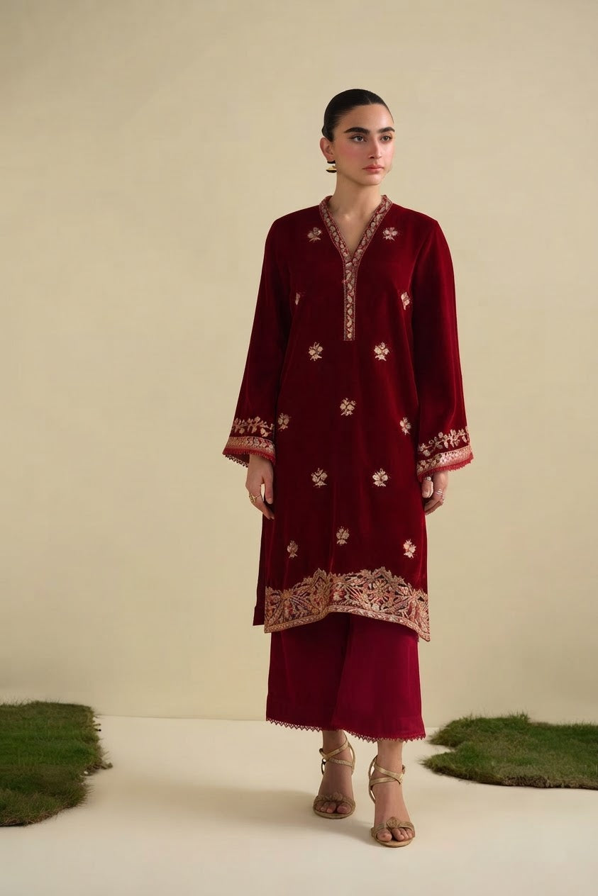 DHANAK 2PC VALVET STITCH HEAVY EMB BRIDAL SUIT