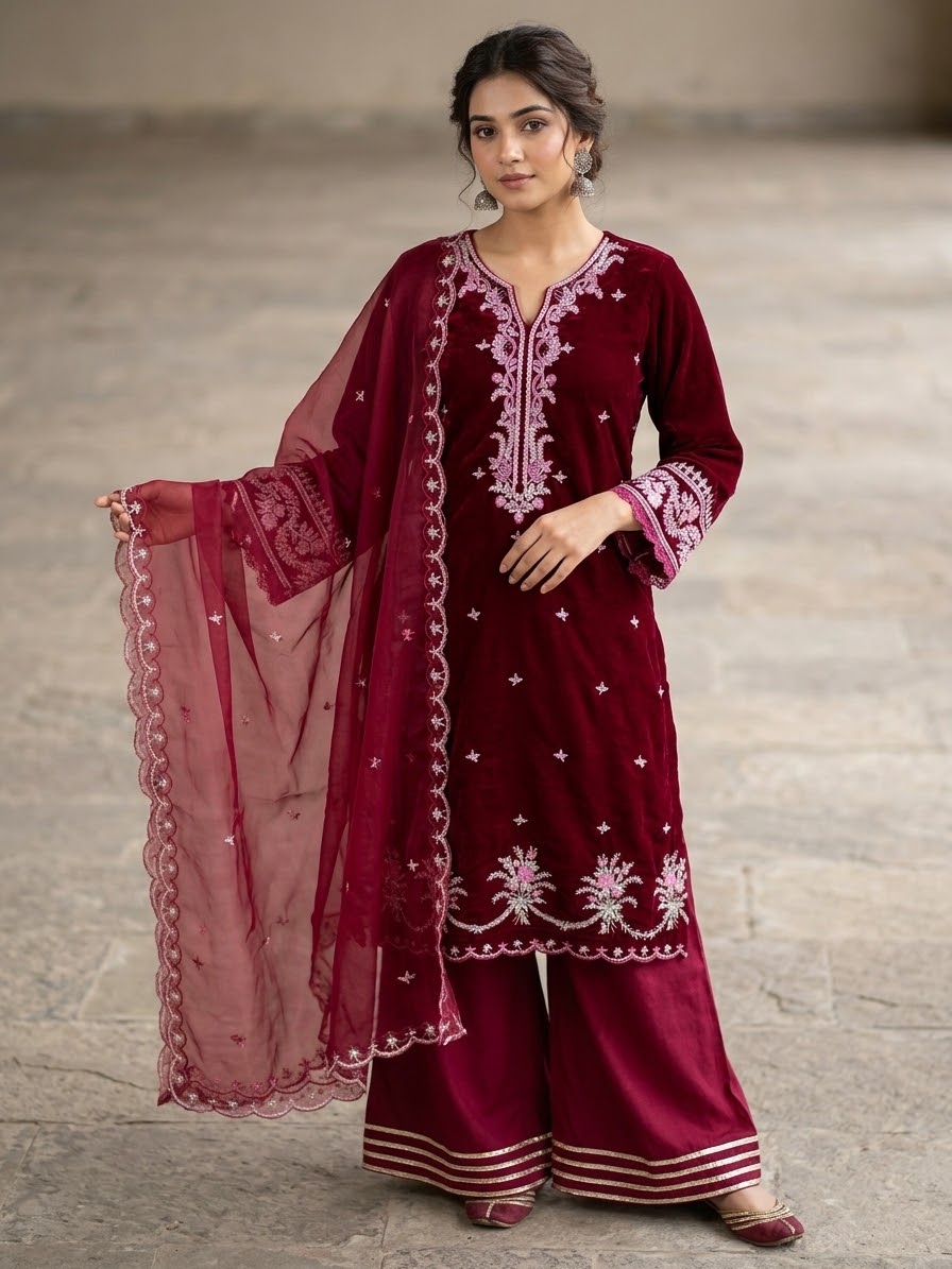 DHANAK 3PC VALVET STITCH HEAVY EMB BRIDAL dabka work suit