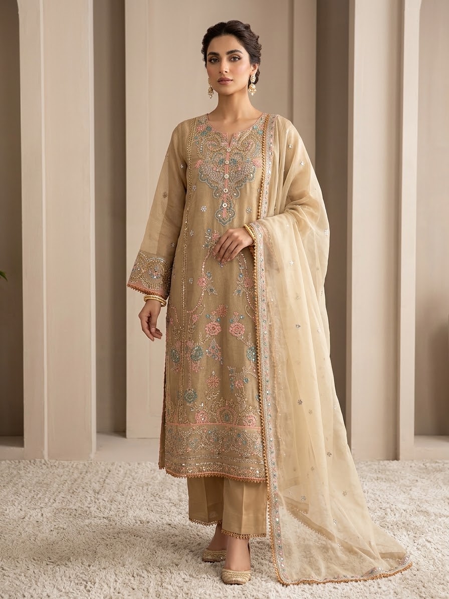 BONANZA SATRANGI 3PC STITCH BRIDAL HEAVY FORMAL EMB