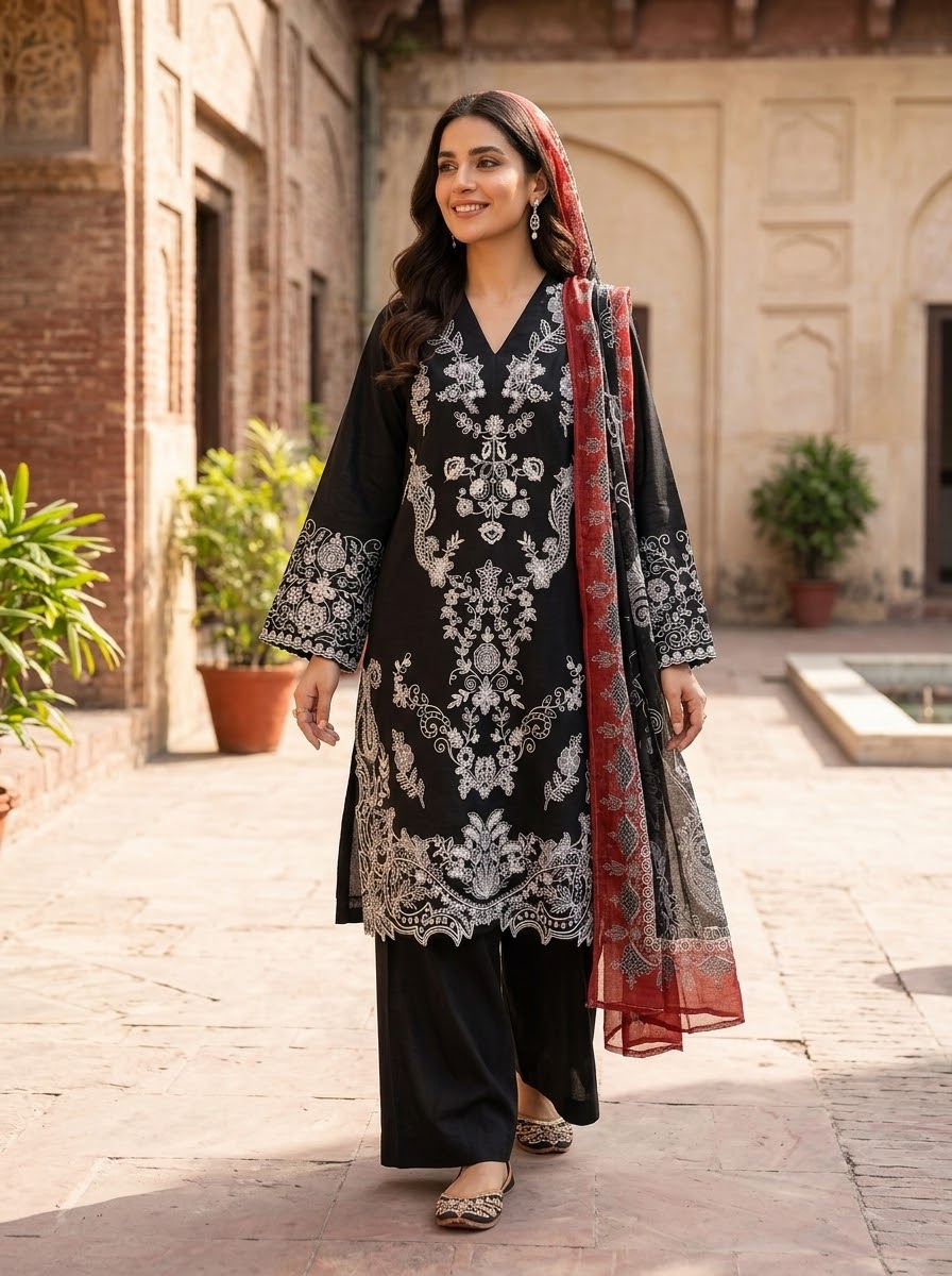KHAADI khaas 03 PC STITCH formal Heavy emb lawn with fancy shawl