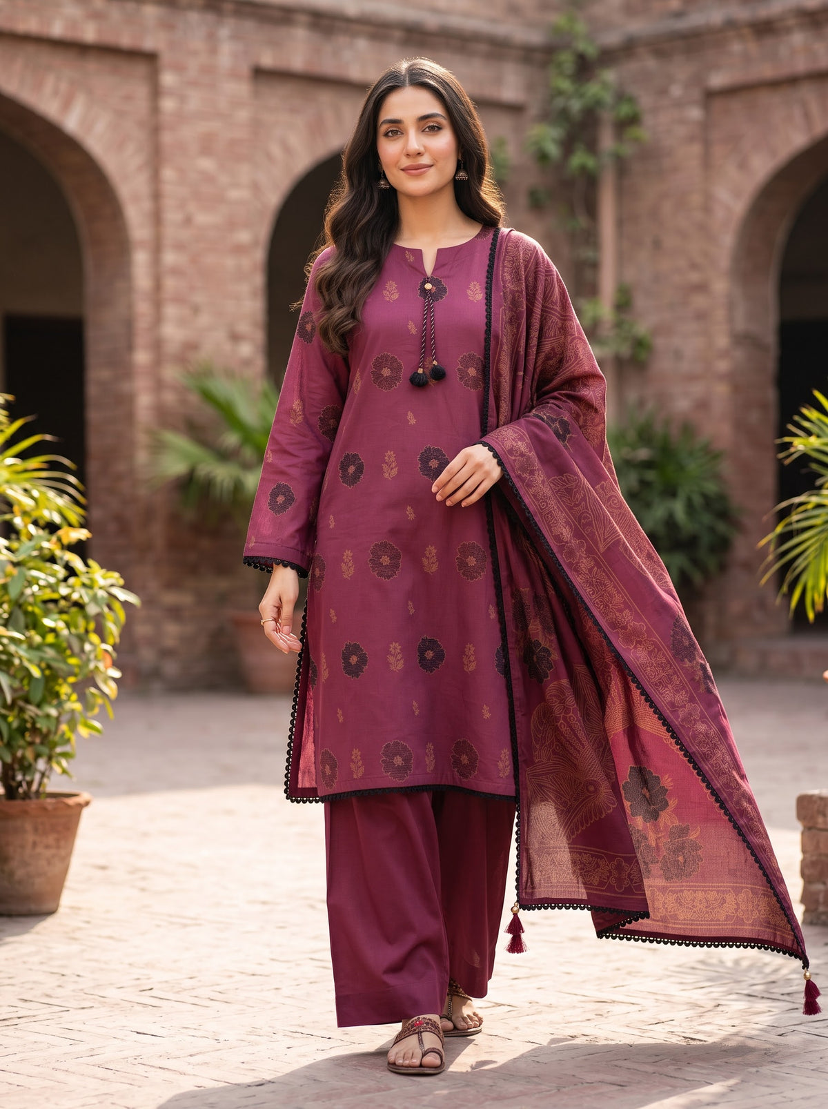 KHAADI 03 PC STITCH FANCY HAND EMBELISHED 3D JAQUARD MAROON LAWN