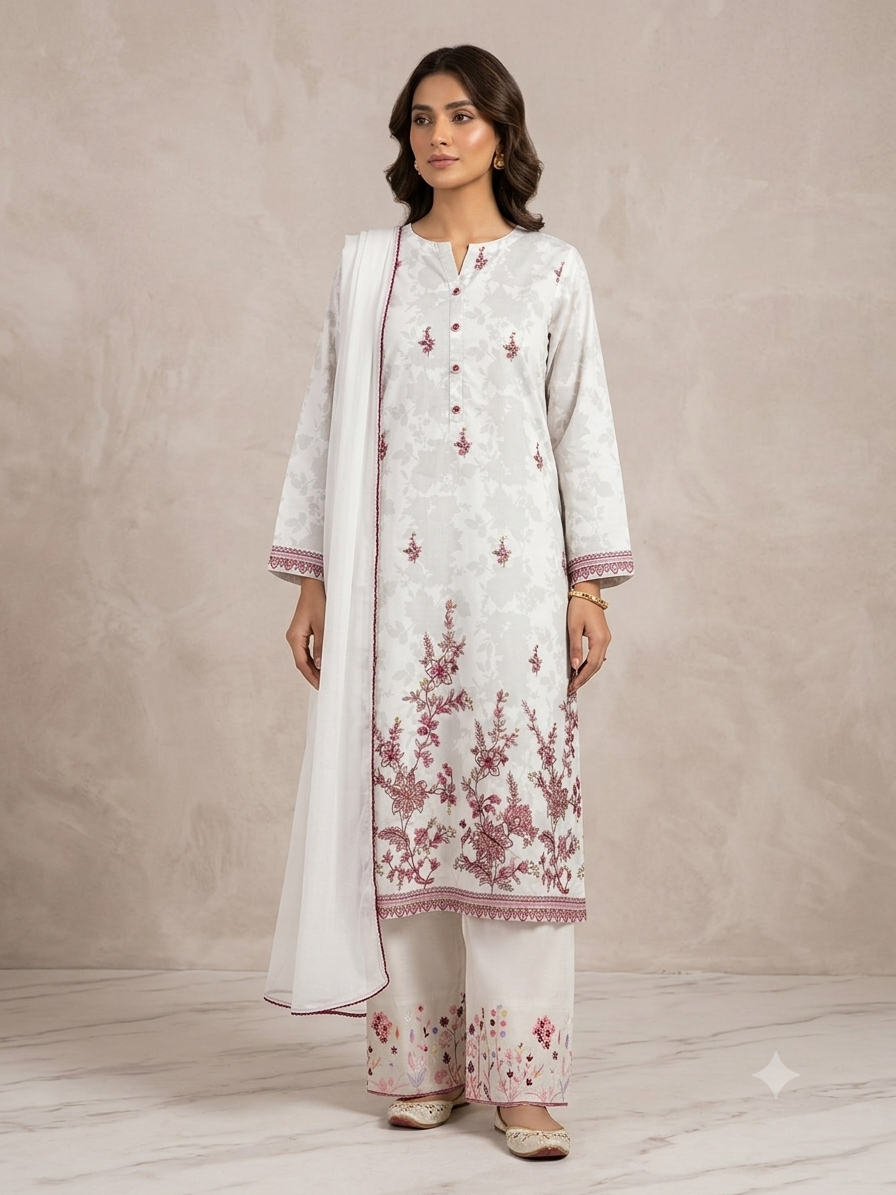 ZELLBURY EMB lawn 2pc white stitch 002/shirt trouser