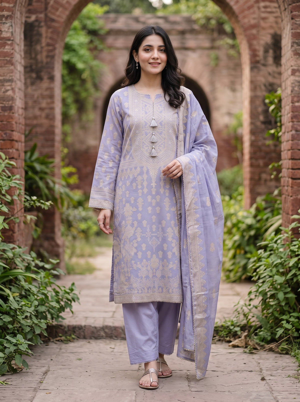 BONANZA SATRANGI 3PC luxury STITCH gold jaquard with heavy jaquard shawl