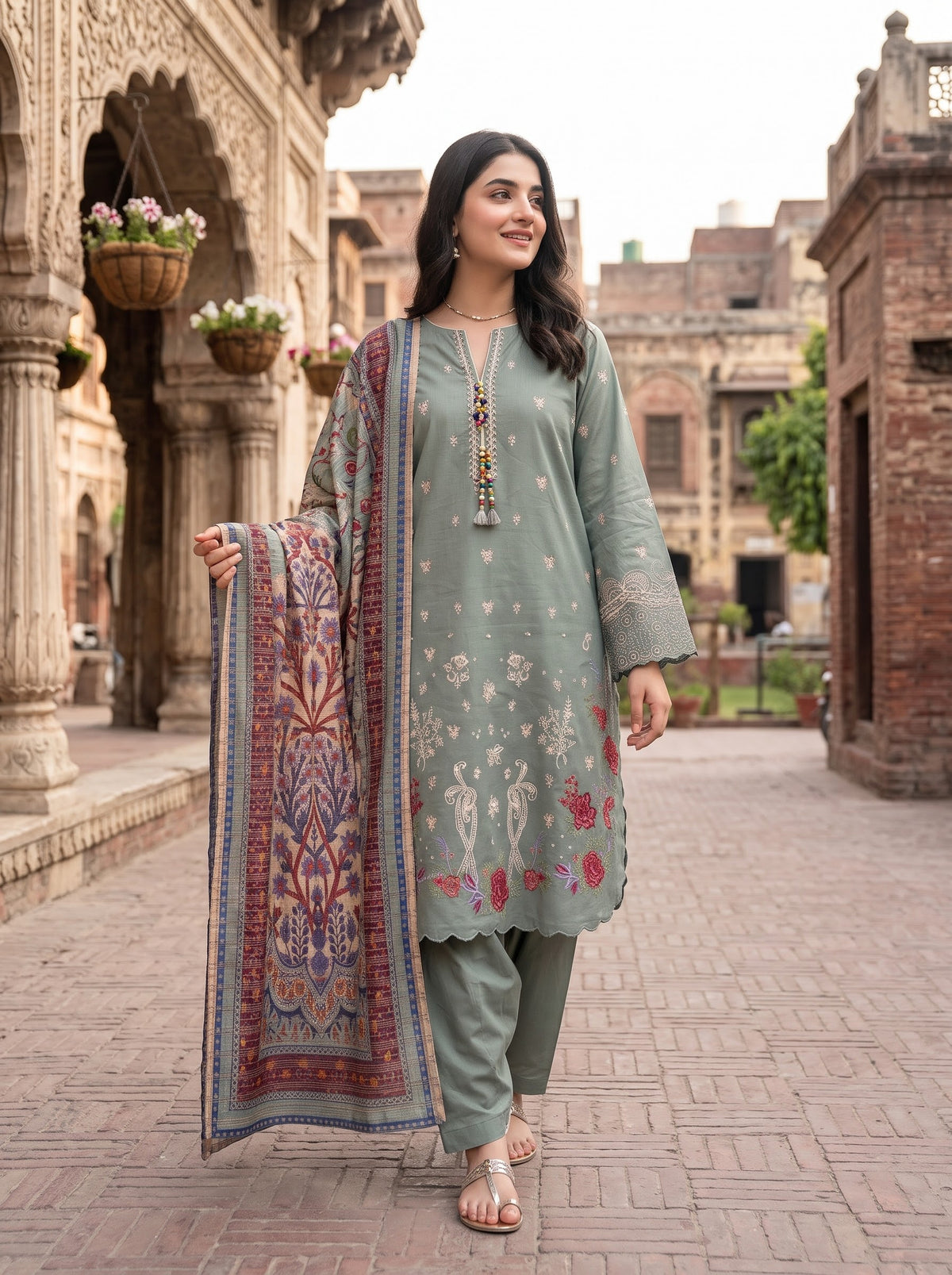 BONANZA SATRANGI 3PC lawn jaquard heavy EMB luxury STITCH chicken kari with silk multi shawl