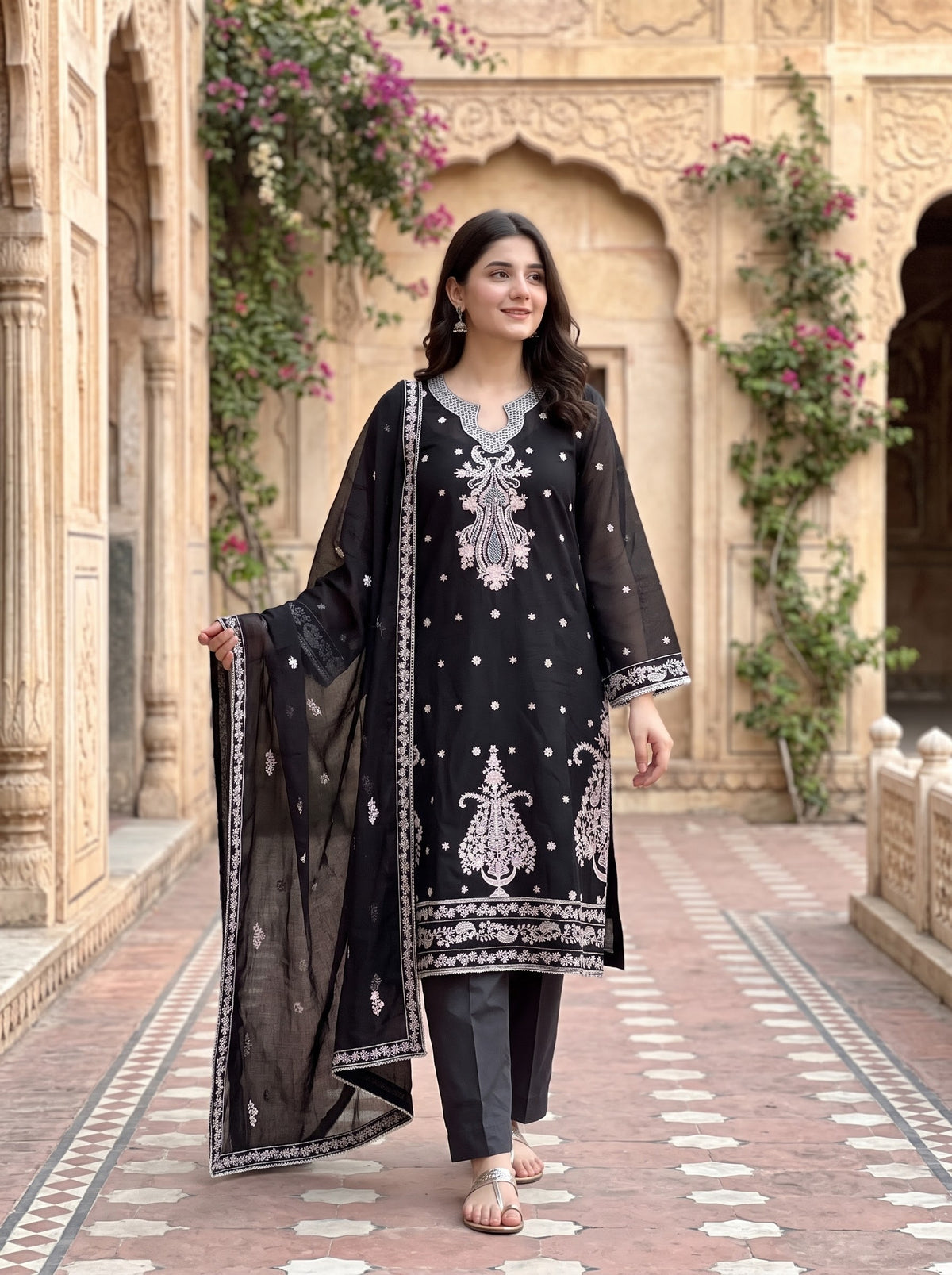 BONANZA SATRANGI 3PC 3D luxury shiffon STITCH heavy EMB with heavy EMB shawl B FRESH