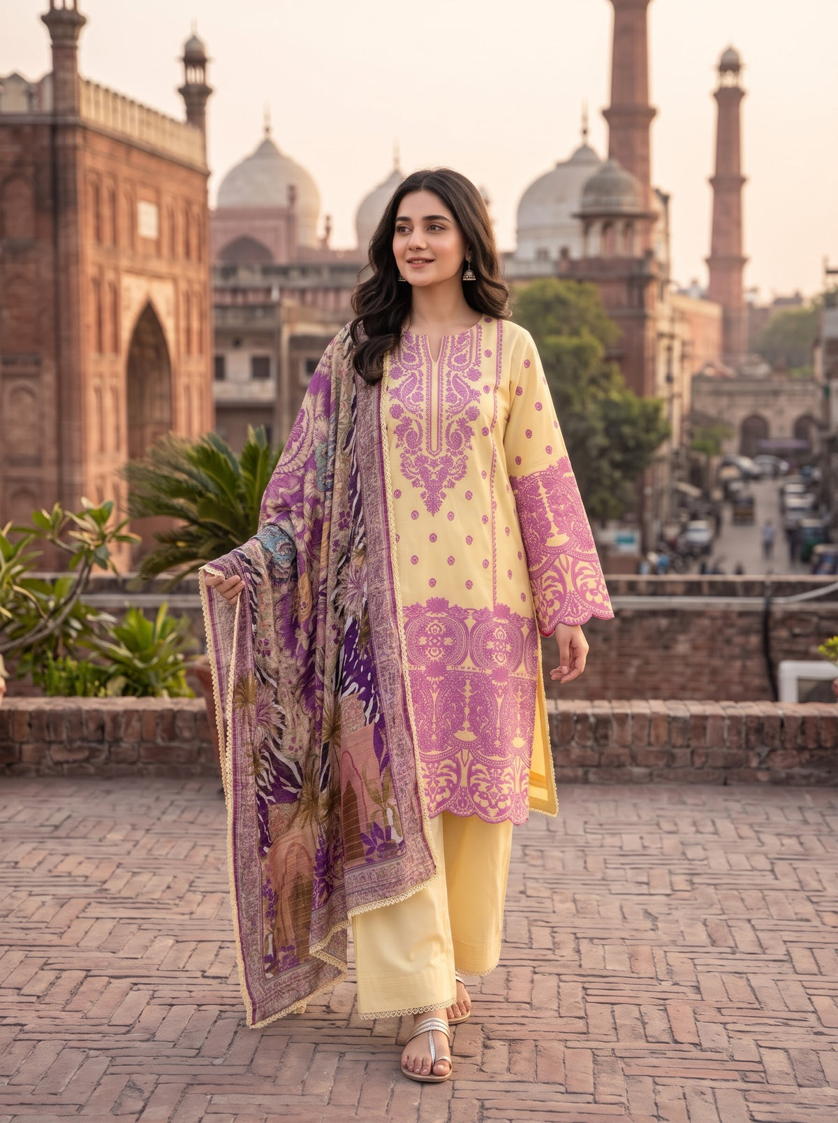BONANZA SATRANGI 3PC (multi) khaddar luxury STITCH chicken kari with silk floral shawl