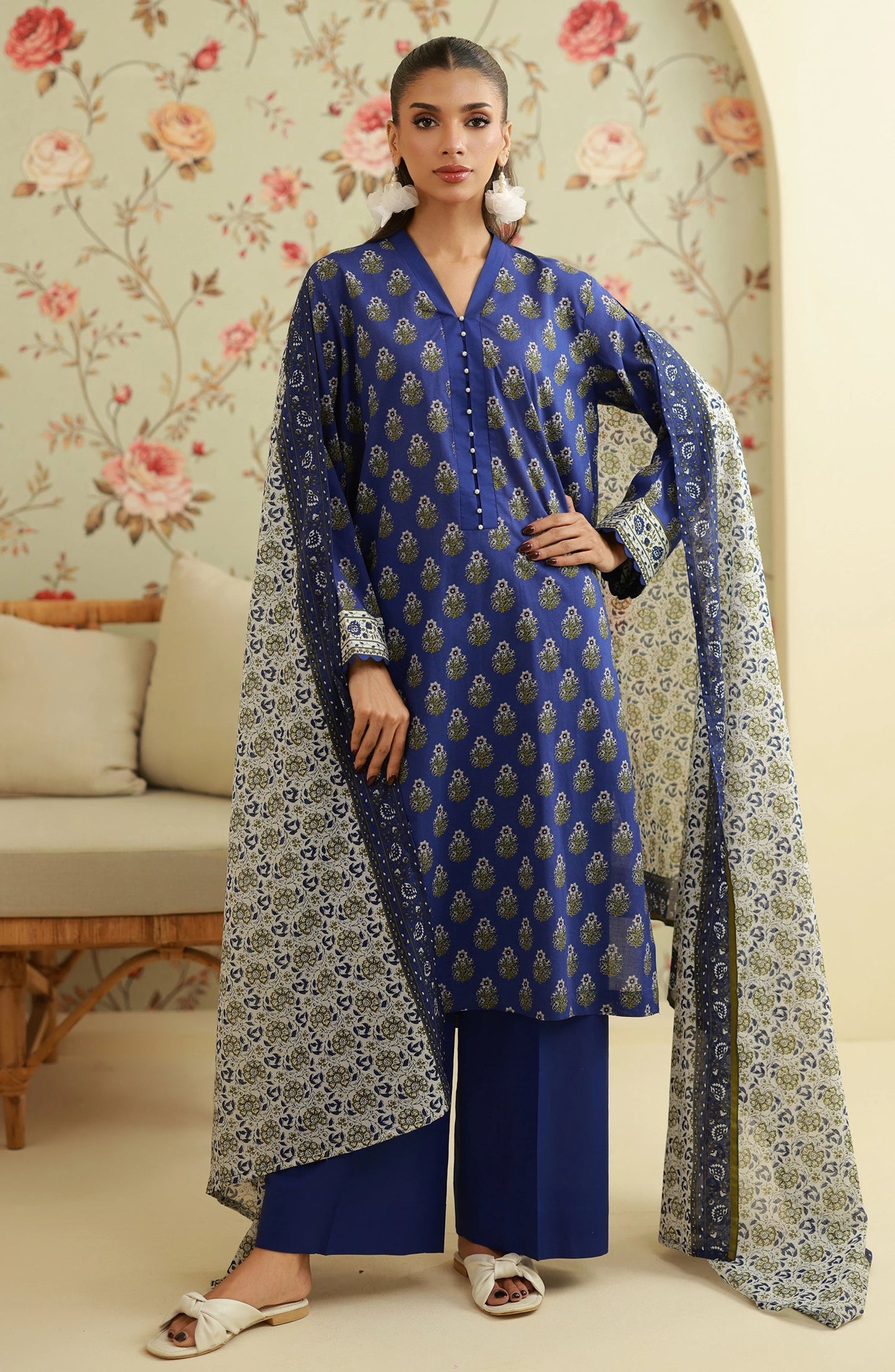 ORIENT LAWN 03 PC UNSTITCH SUIT / BLUE-20475
