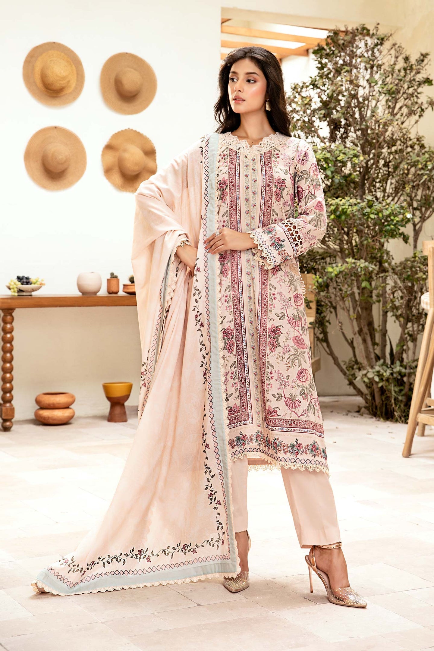 MARIA .B LAWN 03 PC UNSTITCH SUIT / BEIGE -04