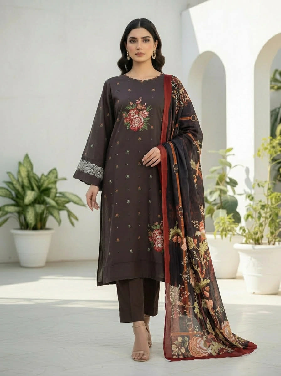 KHAADI 03 PC UNSTITCH SUIT / BROWN
