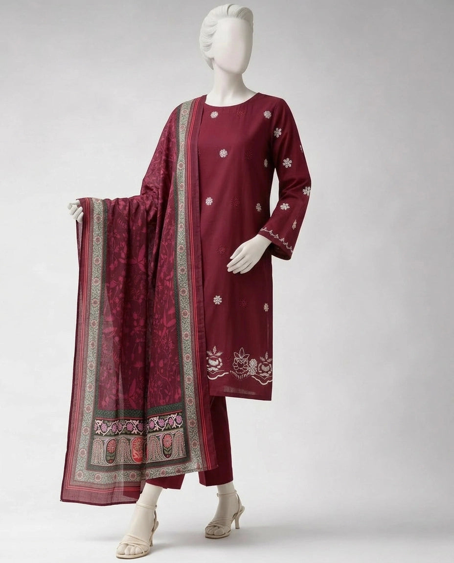 J. LAWN CHIKINKARI 03 PC UNSTITCH SUIT / MAROON