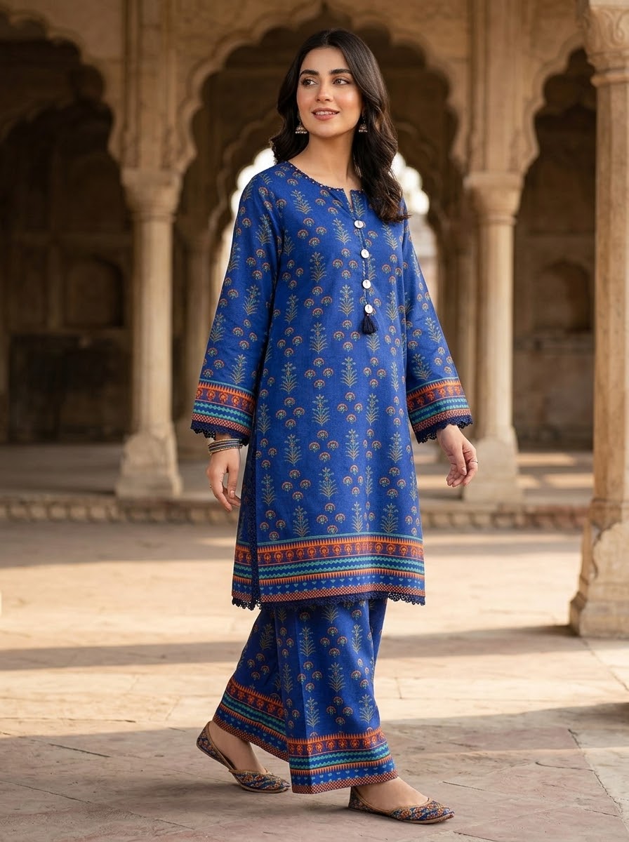Gull ahmed 2pc stitch hand embellished khaddar suit blue 1