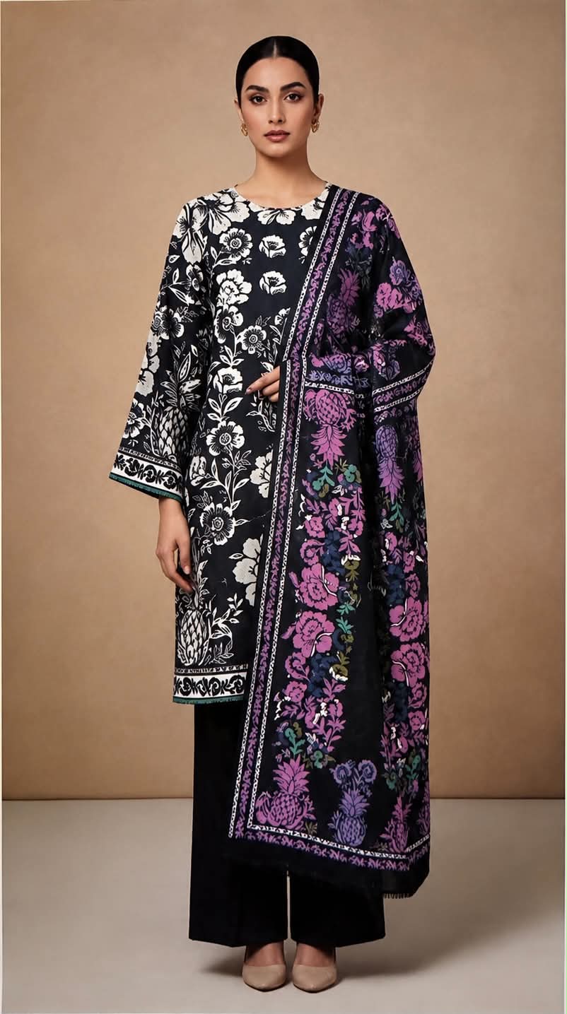 BONANZA 03 PC LAWN UNSTITCH SUIT / NAVY BLUE -PALM