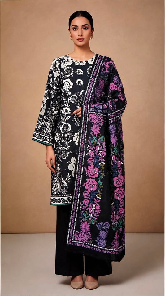 BONANZA 03 PC LAWN UNSTITCH SUIT / NAVY BLUE -PALM