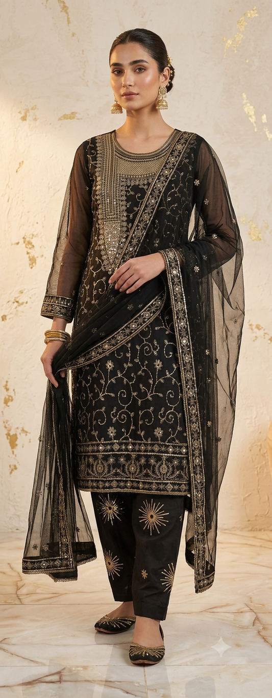 ASIM JOFA 03PC FORMAL LUXURY STITCH/EMB/ BLACK