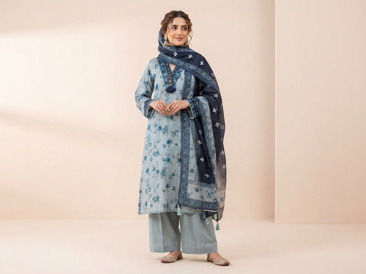 KHAADI 3PC STITCH HAND EMBELISHED LAWN FARSHI SHALWAR