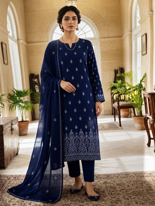 AL KARAM LAWN CHIKINKARI 03 PC UNSTITCH SUIT / BLUE