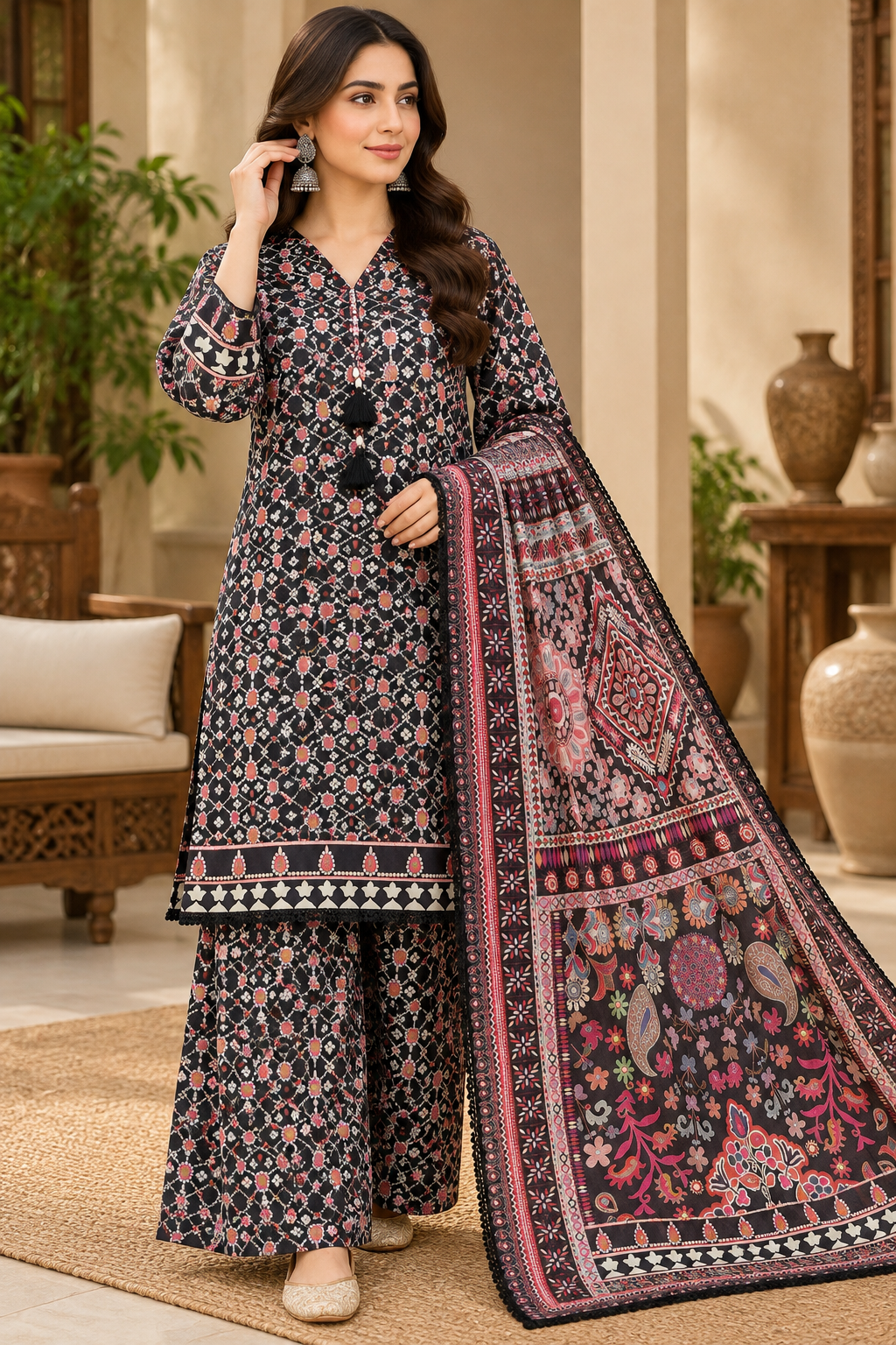 Khaadi 3 piece stitched khaddar suit with hand-embellished 3D work and floral shawl