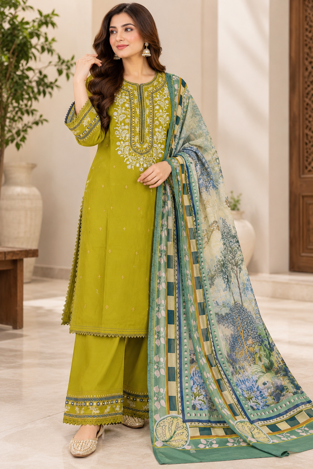 DHANAK 4 pc STITCH formal HEAVY EMB with floral shawl chicken kari  (lawn) 2692
