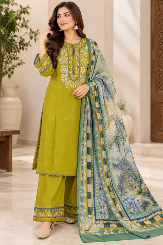 DHANAK 4 pc STITCH formal HEAVY EMB with floral shawl chicken kari  (lawn) 2692