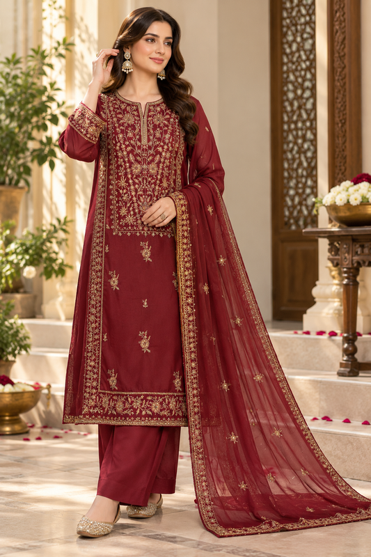 ASIM JOFA 03PC Luxury FORMAL STITCH heavy EMB/(silk) MAHROON 954