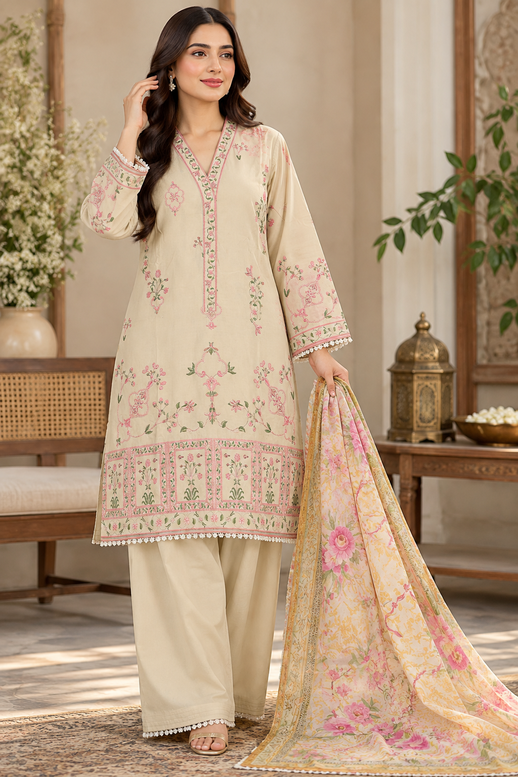 Dhanak 3PC Stitched( Silk) Bridal Suit – Heavy Embroidery with Silk Floral Shawl