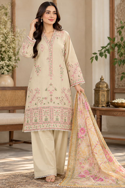 Dhanak 3PC Stitched( Silk) Bridal Suit – Heavy Embroidery with Silk Floral Shawl