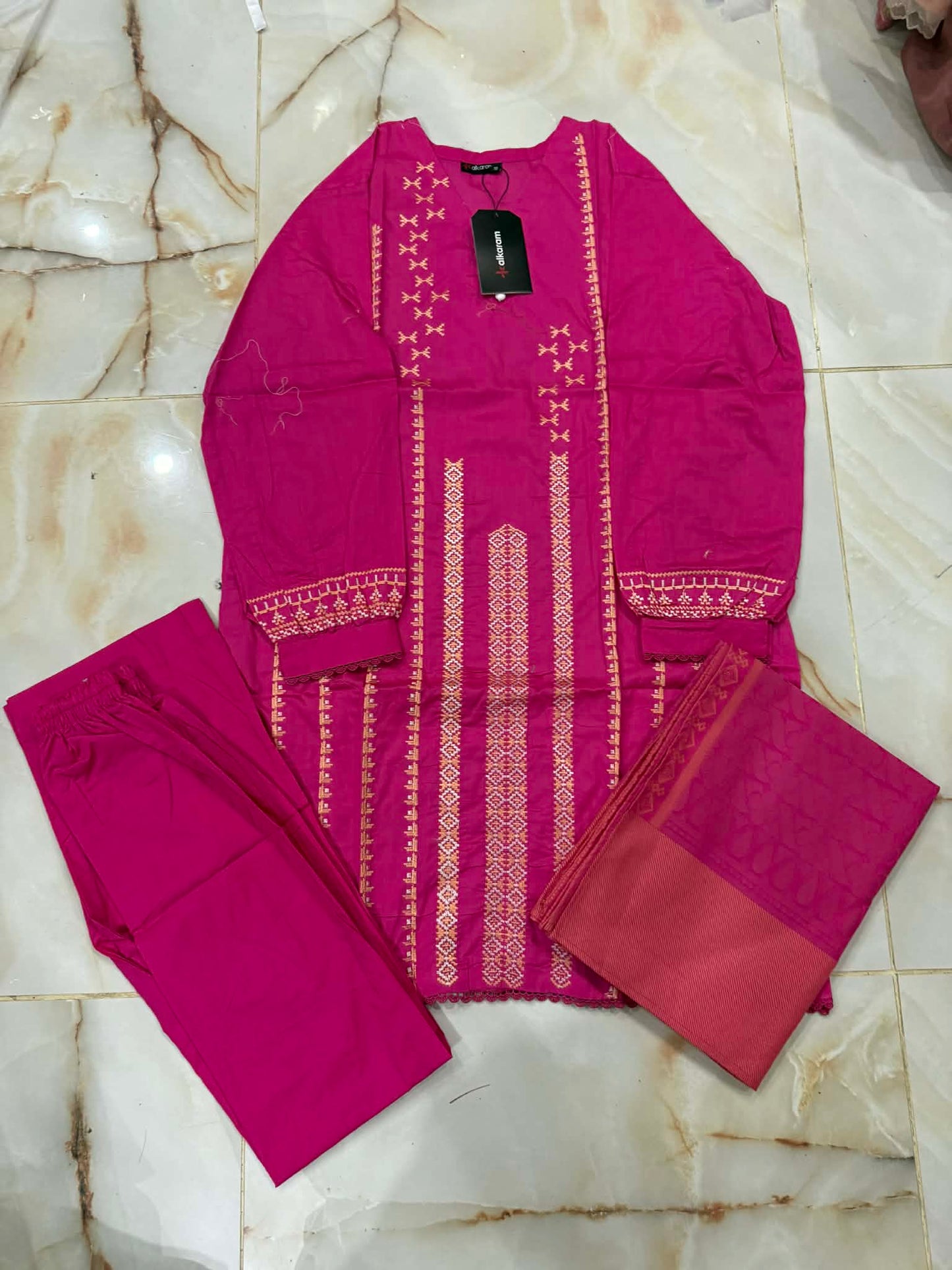 ALKARAM 03 PC STITCH SUIT / PINK